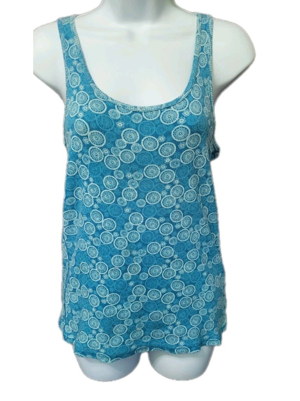 Vintage Y2K  Tank‎ Top Ribbed Knit L Stretch 90s Preppy Blue Swirls
